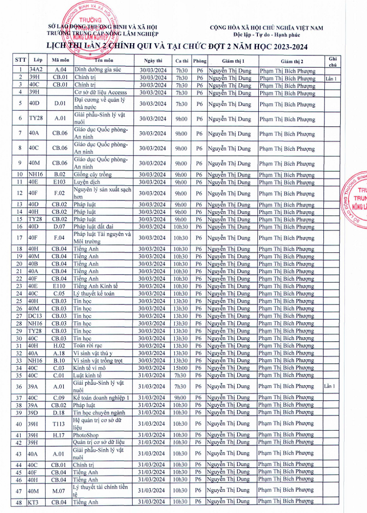 Lịch thi lần 2 đợt 2 năm học 2023-2024